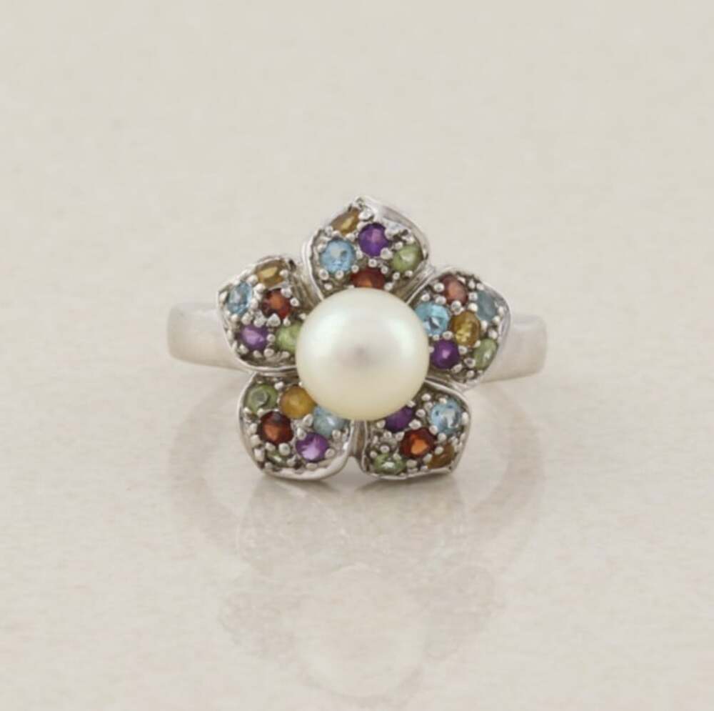 Sterling Silver Freshwater Pearl & Multi Gemstone Flower Ring Size 9 1/4